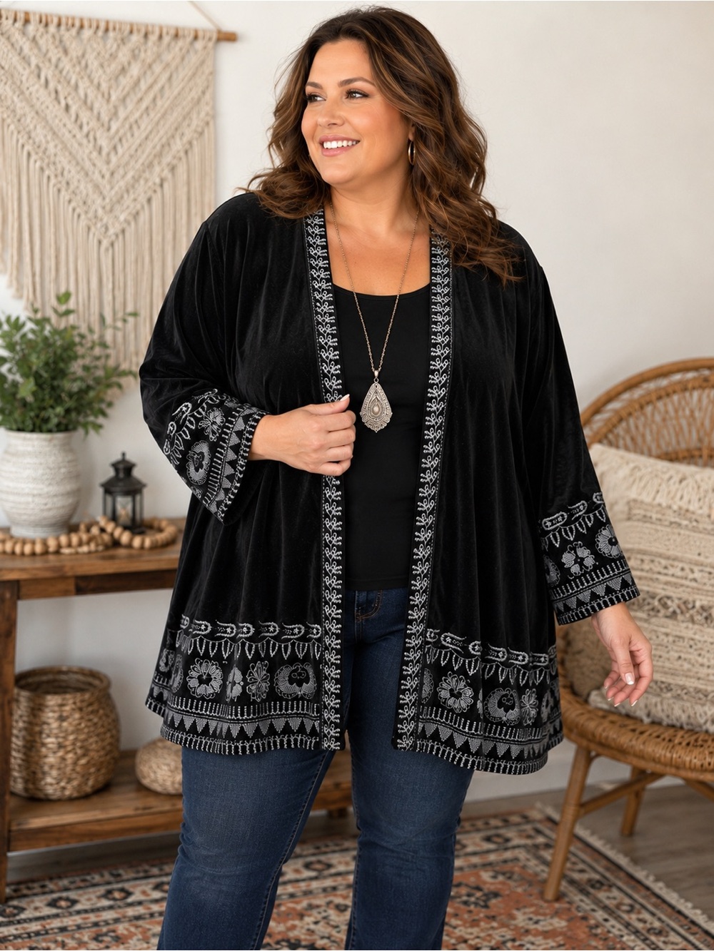 Black Velvet Embroidered Open Cardigan
